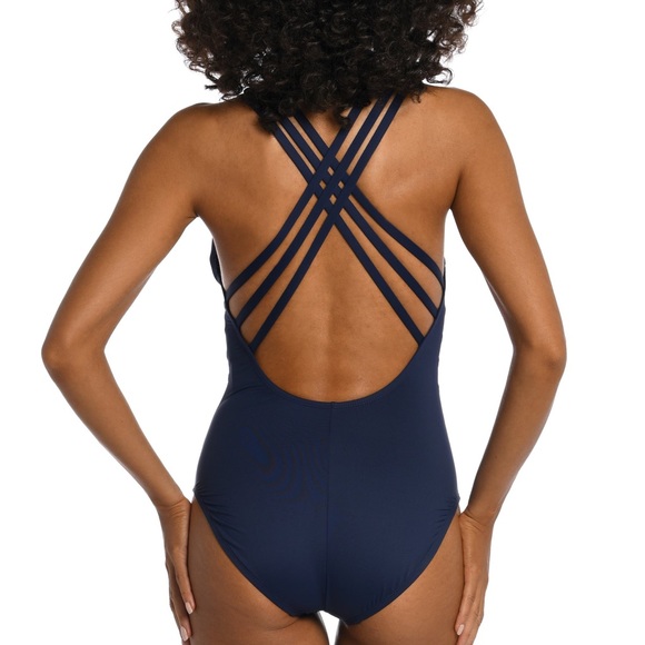 LA BLANCA SWIM women’s navy blue  one piece cross back swimsuit w tummy control - Picture 3 of 6
